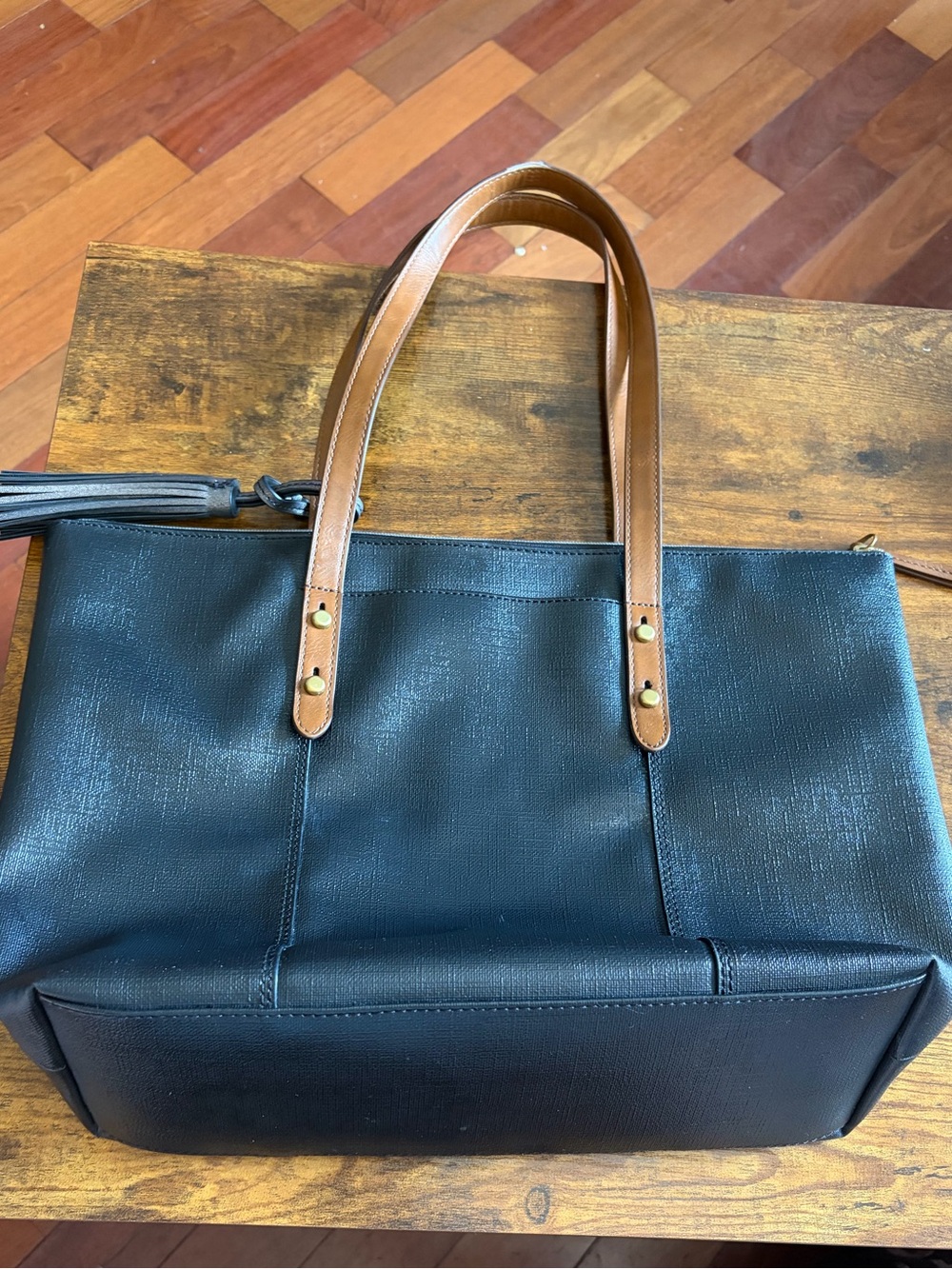 Fossil Jayda Tote Shoulder Bag Black Brown Vegan Leather Large Solid Neutral - Picture 2 of 12